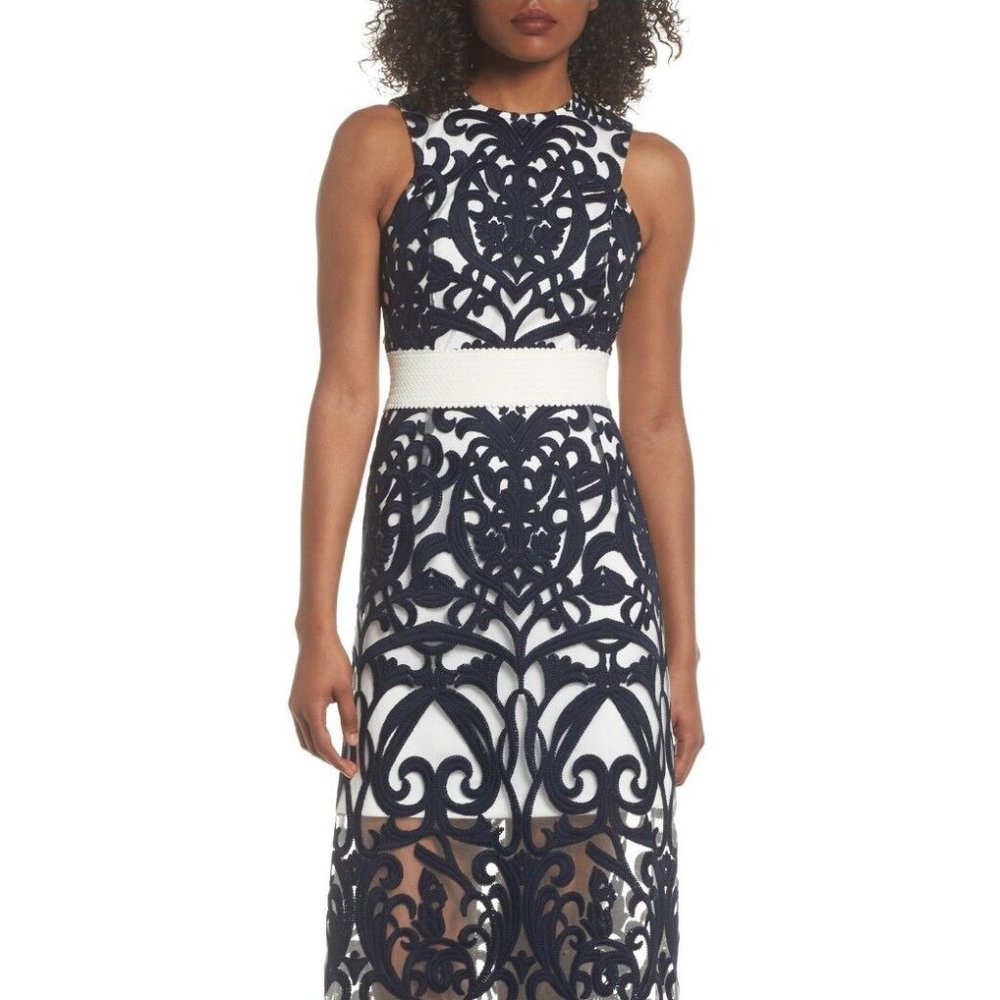FOXIEDOX Rosabel Embroidered Midi Dress NAVY IVORY SCALLOP RIBBON FEMININE